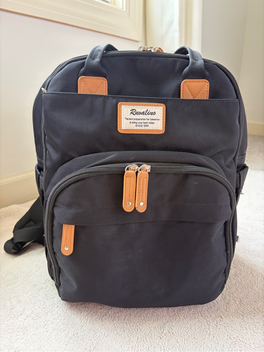 Rivalino Black Diaper Backpack with Tan Accents